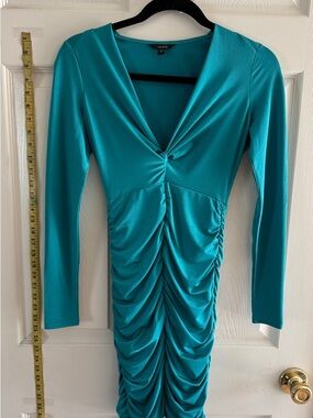 Guess Teal Ruched V-Neck Long Sleeve Dress